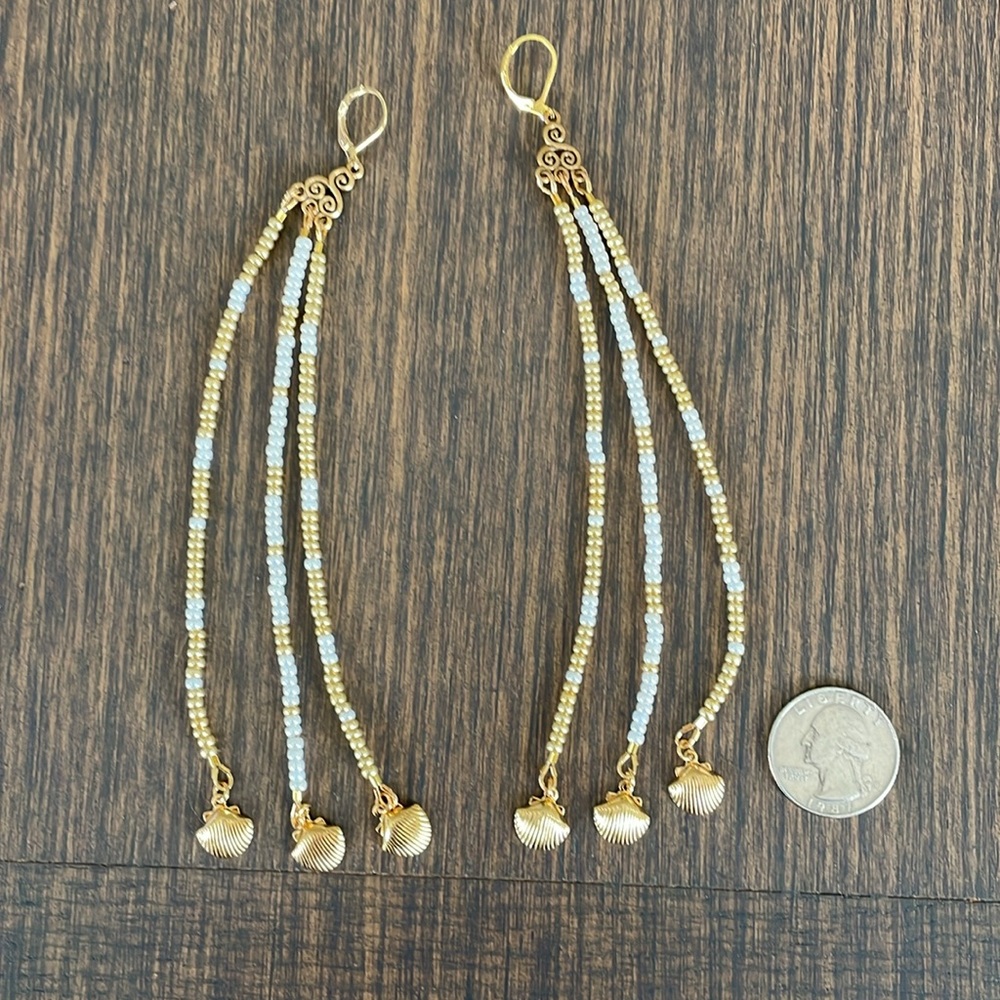 HAND CRAFTED SHOULDER DUSTER EARRINGS Statement Gold Pearl White 6” - Picture 4 of 10